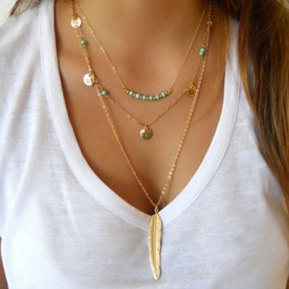 Goldtone Feather Layered Necklace - Picture 4 of 5